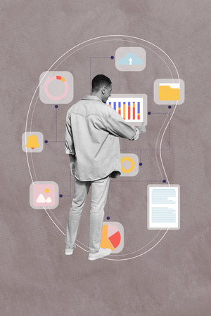 Vertical creative picture young standing man entrepreneur notification icons infographics folder...