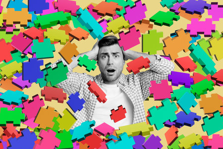 Composite collage picture image of confused afraid man puzzle game jigsaw solve task fantasy billboard comics zine minimalの写真素材