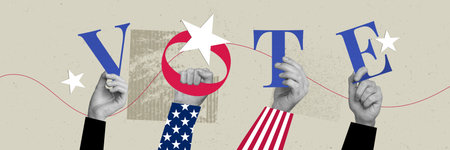 Composite panoramic collage of hand hold letters vote election president agitation usa flag emblem...
