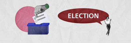 Composite panoramic collage of hand put ballot box happy girl hold online vote service election isolated on painted backgroundの写真素材