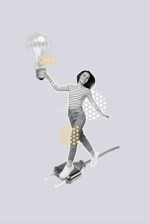 Vertical image collage of happy businesswoman hold big light bulb power electricity plug cable idea...