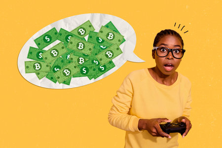 Composite collage picture image of confused female play videogame earning money trader financier...