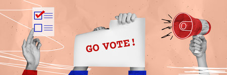 Composite panoramic collage of hand hold ballot bullhorn noise agitation paper poster election...