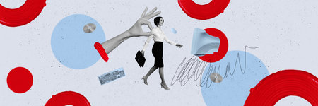 Composite panoramic collage of office worker girl walk hand control marionette computer tool monitor mouse isolated on painted backgroundの写真素材