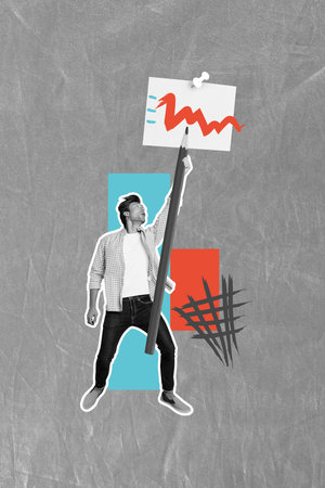 Vertical image collage of young man hold big pencil paper sheet sticker sign write to do list...