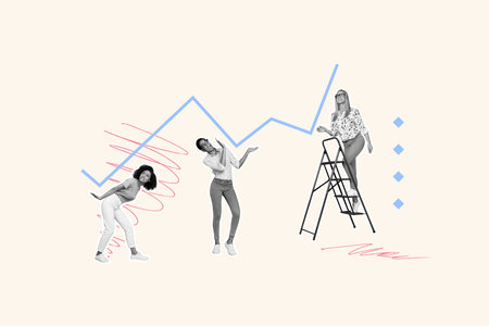 Composite photo collage of three girls colleagues development graph best middle worst ladder career success isolated on painted backgroundの写真素材