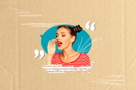 Composite collage picture image of female share cover mouth speech bubble communication concept...