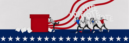 Panoramic creative collage picture happy excited running people voters rush hurry deadline miss...