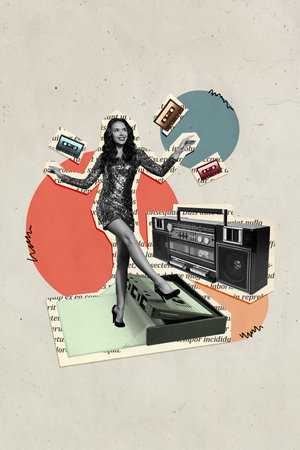 Vertical photo collage young gorgeous woman funky dancer party boombox audio player text book page...