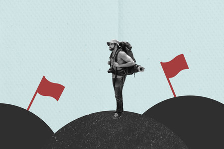 Composite collage picture of black white effect guy hiking destination flag isolated on creative...