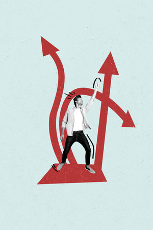 Vertical composite collage picture of impressed black white effect guy raise fist arrow pointers...