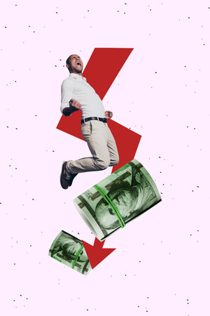 Vertical collage young man business entrepreneur money earnings loss devaluation inflation bankruptcy banknote cash dollarsの写真素材