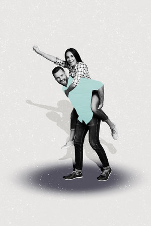 Vertical creative collage poster young couple happy fun leisure valentine day man carry girlfriend back colored backgroundの写真素材