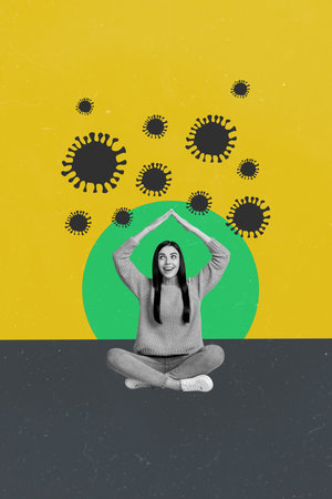 Composite photo collage image of black white silhouette young lady sit on floor make house roof from hand protection from virus infectionの写真素材