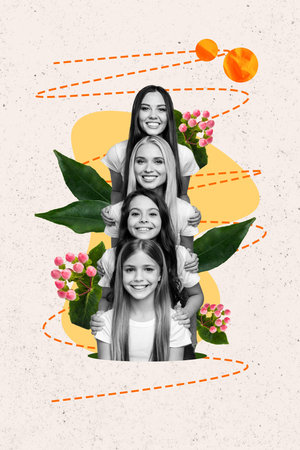 Vertical image collage of charming adorable pretty people sisters hugging and celebrating international dayの写真素材