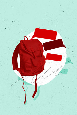 Vertical creative photo collage red rucksack backpack communication textboxes chatting conversation...