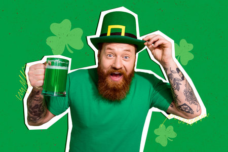 Image collage picture of happy crazy irish man celebrate traditional festival st patrick day...