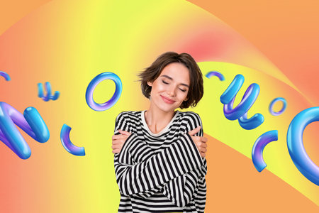 Creative collage picture young joyful girl happy positive mood hug herself carefree 3d parts...