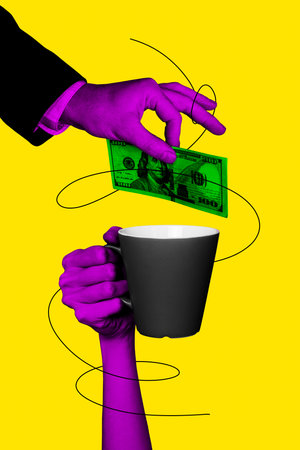 Vertical photo collage of hand give dollar banknote payment cup arm charity donation help support isolated on painted backgroundの写真素材