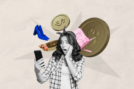 Creative picture collage young amazed girl shopaholic buyer black friday smartphone online shopping store golden coins finance moneyの写真素材