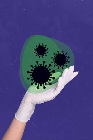 Composite image collage of young scientist arm wear glove hold huge virus various coronavirus covid...