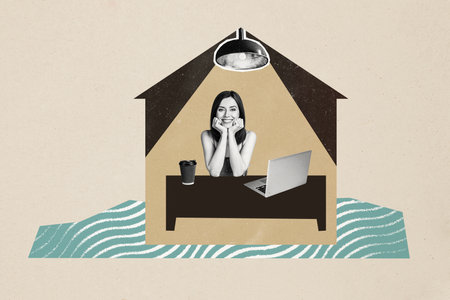 Composite photo collage of happy girl sit home table macbook coffee cup take away comfort remote work isolated on painted backgroundの写真素材