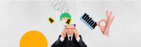 3D photo collage composite trend artwork sketch of young man half head suffer from headache hand...