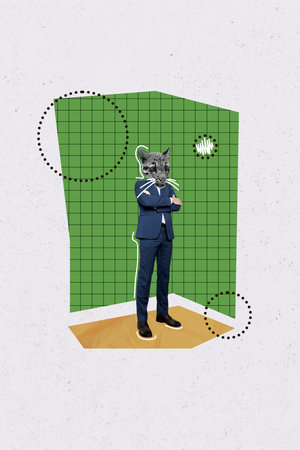 Trend artwork composite photo collage of young incognito person man headless wild cat head instead office manager confident stand straightの写真素材
