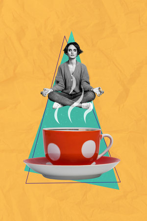 Trend artwork composite sketch image photo collage of young lady meditate fly under retro cup coffee tea break rest relax om zen gestureの写真素材