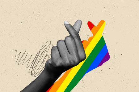 Creative picture collage human hand body fragment showing love gesture two fingers lgbtq parade support diversity rights drawing backgroundの写真素材