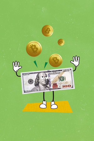 Creative collage picture caricature banknote legs drawing arms benjamin franklin wondering eyes amazed cryptocurrency trader millionaireの写真素材