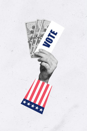 Vertical photo collage human hand hold hundred dollars banknotes bribe corruption money democracy legality crime electionの写真素材