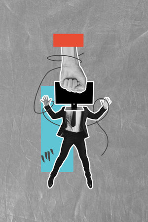 Vertical image collage of anonym businessman instead head computer monitor hand fist kick technology screen isolated on painted backgroundの写真素材