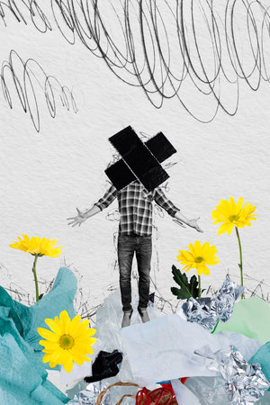 Trend composite artwork 3d collage of black white silhouette young headless guy cross instead stand in trash plastic with nature floversの写真素材