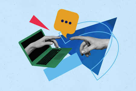 Composite collage picture image of online receive message device connect netbook touch fingers fantasy billboard comics zine minimalの写真素材