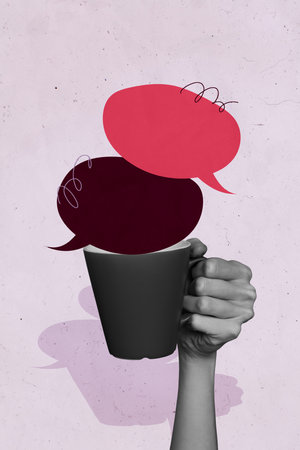 Vertical photo collage of hand hold coffee cup break drink cloud communication talk discussion...