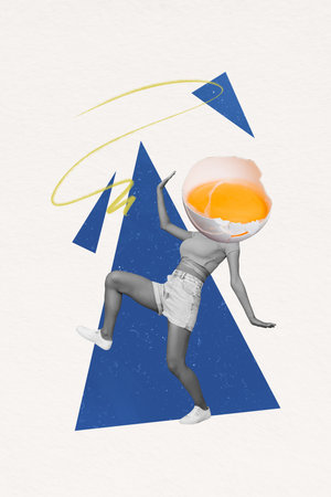 Vertical image collage of young girl instead head broken egg yolk protein cosmonaut unusual hallucinations walk fall caricature isolated on painted backgroundの写真素材