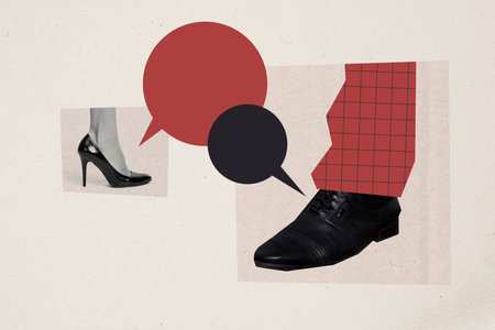Composite photo collage of female feet heels man shoe plaid trousers text box dialogue work discussion bubble isolated on painted backgroundの写真素材