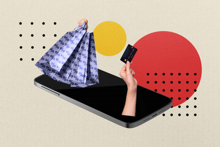 Creative picture collage smartphone online shopping concept credit card pay buyer packages shopaholic black friday discountの写真素材
