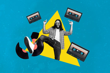 Trend artwork composite photo collage of black white silhouette young man break pull leg vinyl music play cassette player retro vintageの写真素材