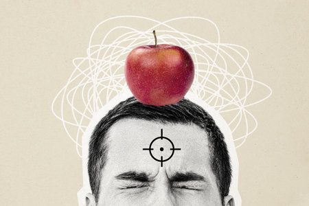 Composite photo collage of scared male face frown apple target crime shot aim hate innocent victim criminal isolated on painted backgroundの写真素材