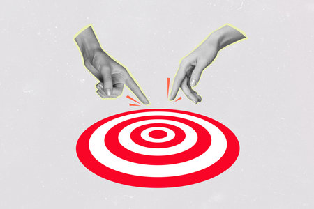 Creative collage picture human hands showing target goal achievement accomplishment center development self improvement aspirationの写真素材