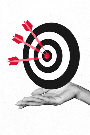 Creative poster collage of hand hold darts target arrows point startup business marketing audience...