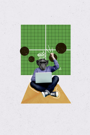 Trend artwork composite 3D photo collage of young incognito person man headless monkey head instead office manager use laptop hold on legsの写真素材
