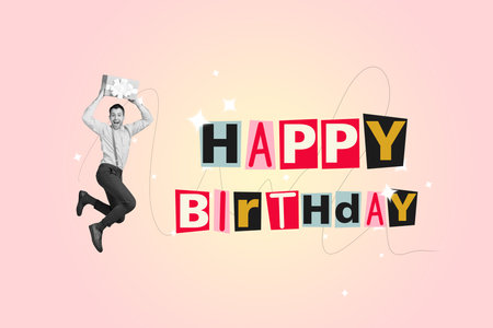 Creative collage picture young happy man energetic happy birthday celebration festive event party hold giftbox drawing backgroundの写真素材