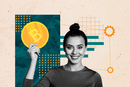 Creative collage young cheerful girl showing golden coin btc charts cryptocurrency cogwheel token trading exchange positive resultsの写真素材