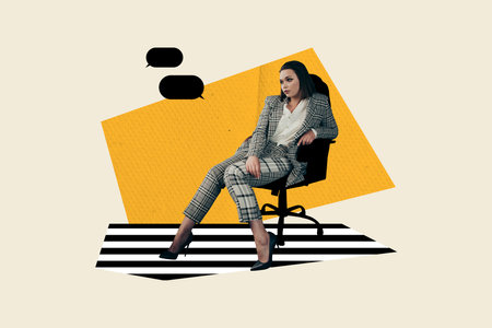 Composite sketch trend artwork 3D collage of bored young lady manager office hr sit in armchair look at sms cloud contact social mediaの写真素材