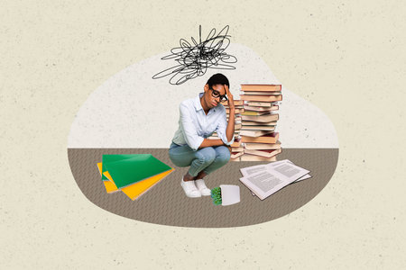 Composite trend photo collage of young exhausted student lady headache hand hold on head sit at book folders supplies tired of educationの写真素材