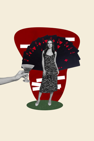 Vertical photo collage of pretty girl stand zebra pattern dress play cards poker hand offer cocktail alcohol isolated on painted backgroundの写真素材