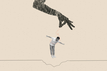 Composite photo collage of hand thread puppeteer hold manipulate young man hole throw dismiss demote isolated on painted backgroundの写真素材